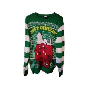 Peanuts Green “Just Chillin” Snoopy Graphic Ugly Christmas Sweater Holiday Large
